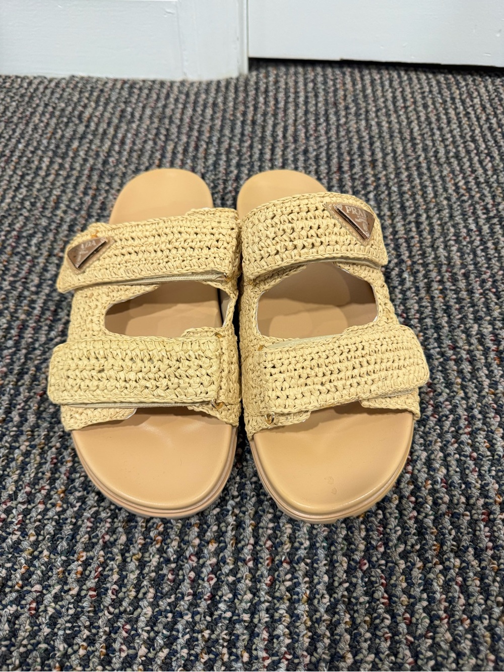 Prada Beige Woven Slide Sandals